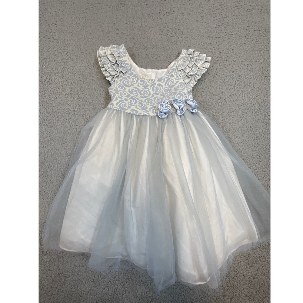 Laura Ashley Dress Kids Size 5 Blue White Excellent Floral Brocade Tulle Formal